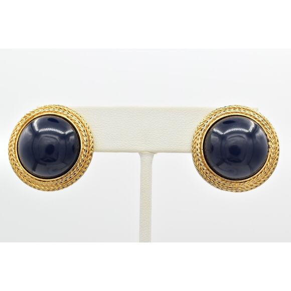 Liz Claiborne Vintage Cabochon Clip Earrings Gold Navy Round Chunky Signed BinBF